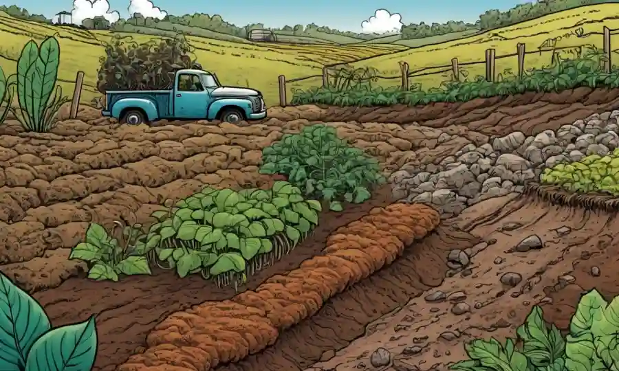 Una ilustración interconectada de microorganismos y plantas de suelo en medio de texturas terrenales y elementos agrícolas sostenibles.