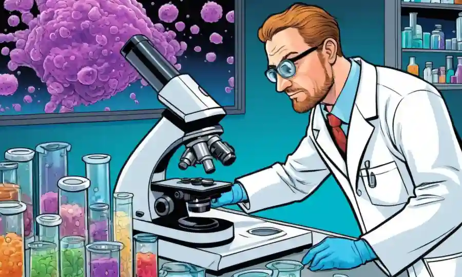 Un científico en el laboratorio que observa culturas microbianas bajo microscopio.