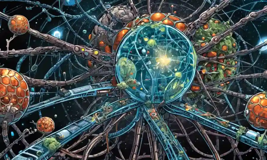 Una ilustración conceptual que muestra redes tecnológicas entrelazadas con organismos biológicos, representando la relación simbiótica entre humanos y tecnología.