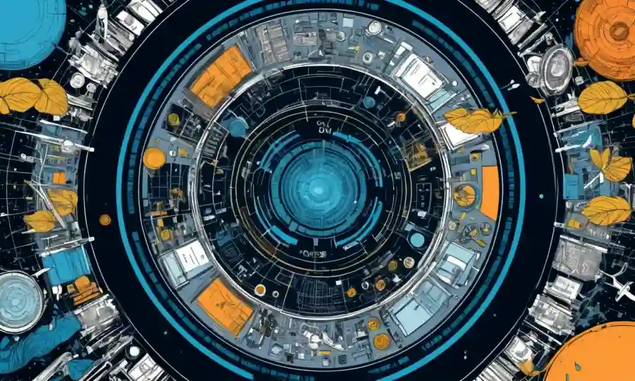 Ilustraciones circulares que conectan tecnología y naturaleza