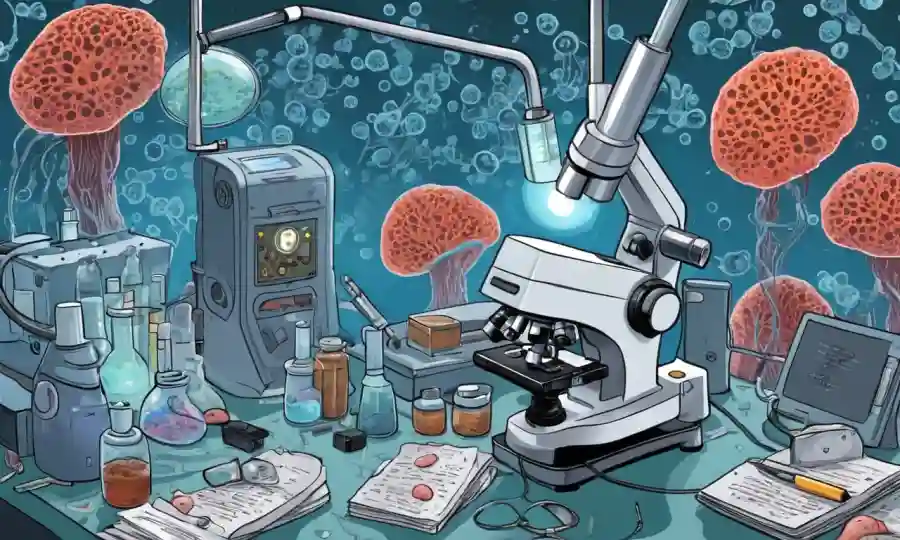 Vista microscopio de células fúngicas que interactúan con células humanas, rodeadas de equipos de laboratorio y notas de investigación.