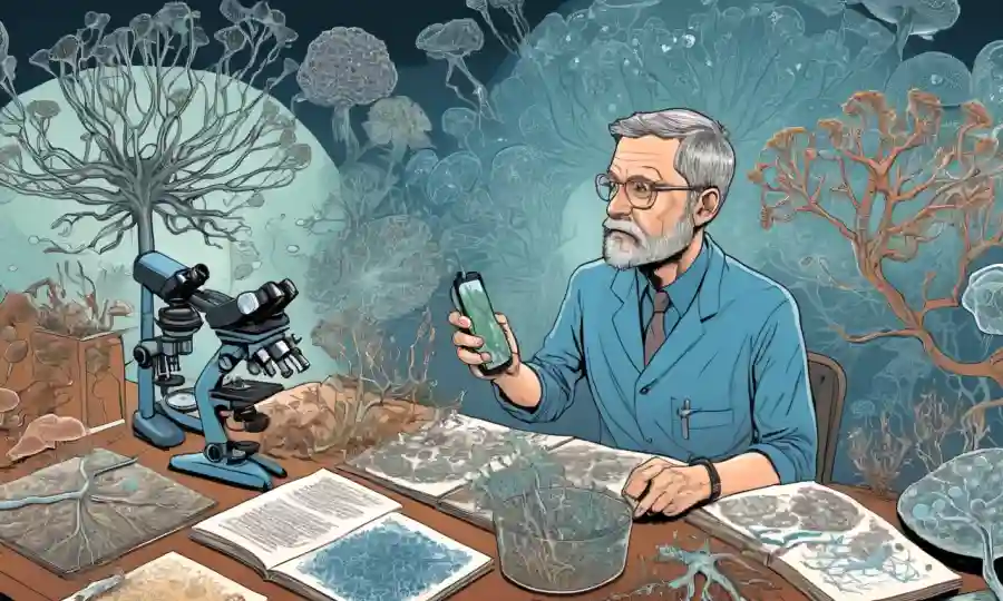 Un microbiólogo que observa culturas fúngicas bajo un microscopio, rodeado de diagramas de hifae y otros conceptos micológicos.