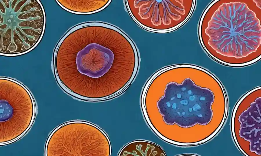 Imágenes microscópicas de hongos interactuando con bacterias en platos petri.