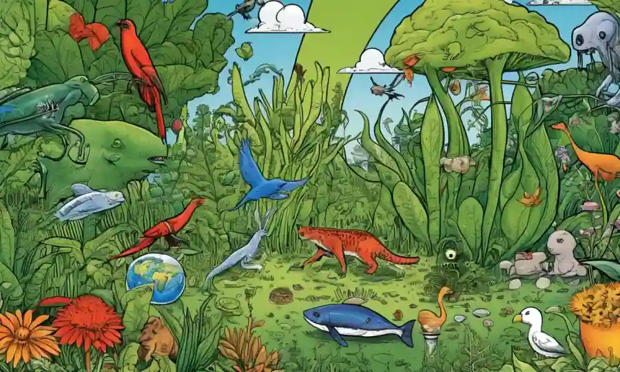 Una ilustración que muestra varias relaciones entre plantas, animales o microorganismos, rodeados de símbolos ecológicos.