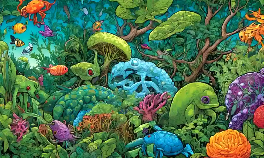 Una ilustración colorida de organismos entrelazados rodeados de elementos de naturaleza