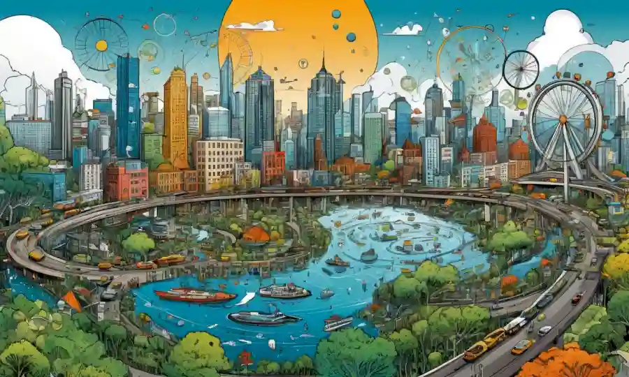 Iconos circulares interconectados que representan ecosistemas y ciudades