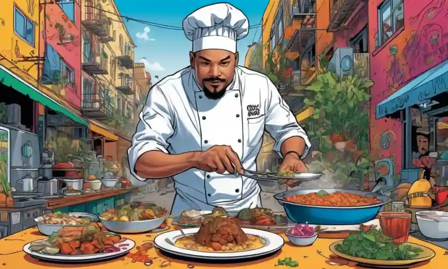 Un chef preparando un plato rodeado de vibrantes artes callejeras y ingredientes eclécticos.