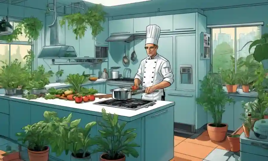 Una cocina futurista con electrodomésticos ecológicos rodea a un chef preparando una comida sostenible rodeada de plantas.