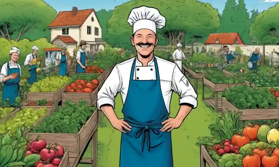 Un chef de pie en un jardín de cocina, rodeado de productos frescos y agricultores sonrientes.