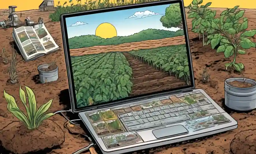 Conceptos agrícolas y estudios de investigación mostrados en una pantalla de computadora con ejemplos de suelo y plantas.