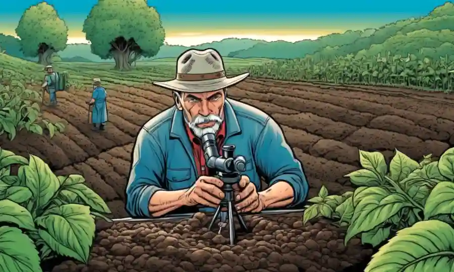 Un agricultor observa la vida del suelo bajo un microscopio, con cultivos exuberantes creciendo en el fondo.