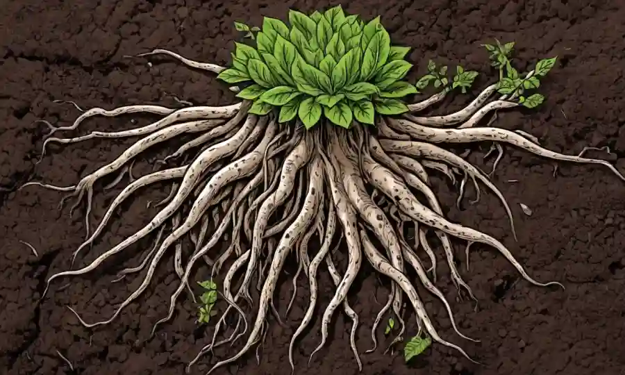 Las raíces de plantas de floración entrelazadas con microorganismos en el suelo, enfatizando las relaciones simbióticas.