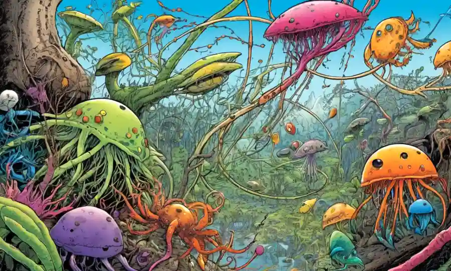 Organismos simbióticos coloridos en una web ecológica con flechas y conexiones ecológicas.