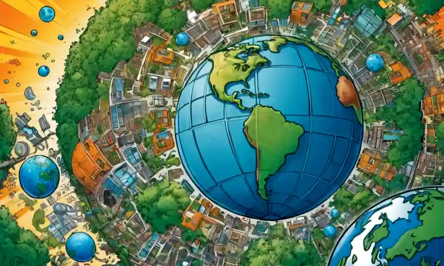Ilustración que representa las células entrelazadas y el planeta Tierra rodeado de elementos ecológicos.