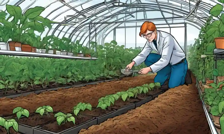Un investigador que estudia microbiología del suelo en un invernadero rodeado de cultivos.