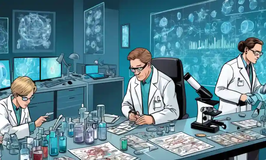 Científicos trabajando en un laboratorio rodeado de diapositivas de microscopio y gráficos de datos de salud.