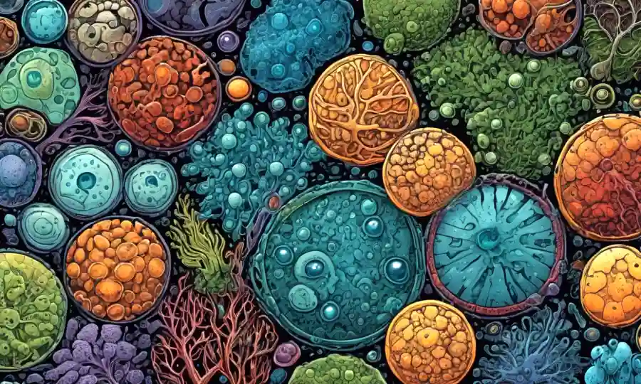 Una imagen microscopio de varios microorganismos que ilustran el concepto de simbiosis.