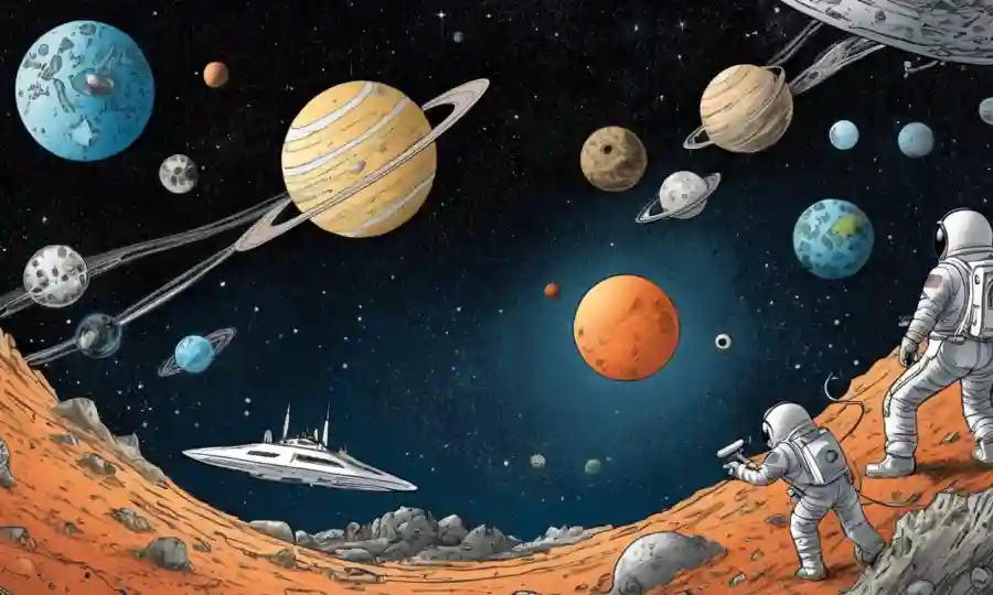 Diagrama complicado que ilustra las relaciones simbióticas entre organismos en contexto de exploración espacial.