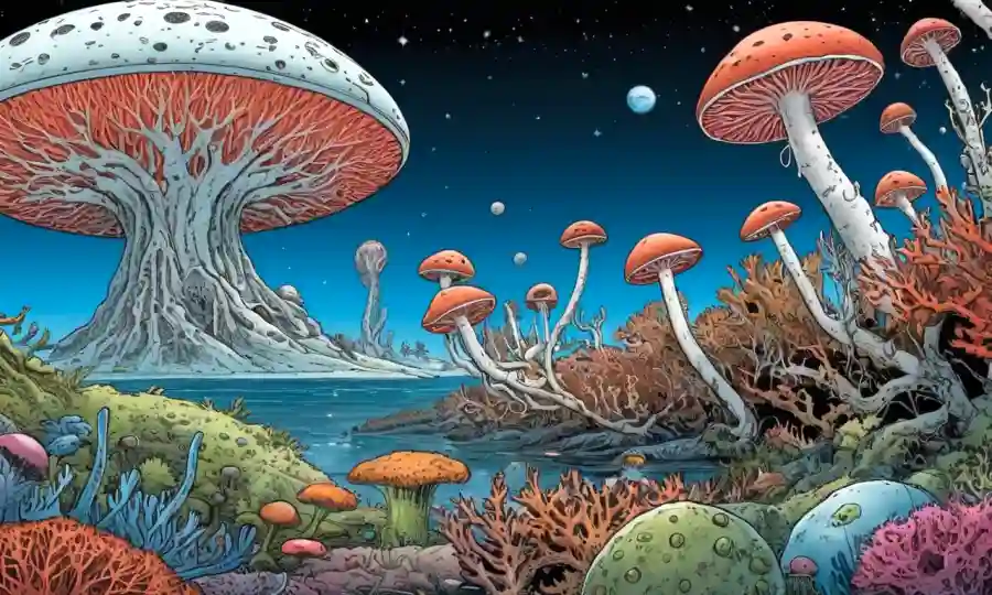 Ilustración de varios organismos simbióticos, como hongos-mycorrhiza o coral-zooxanthellae, con una nave espacial o planeta en el fondo.