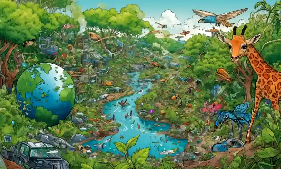Organismos interconectados prosperando en medio de un telón de fondo de exuberantes vegetación y reciclaje de procesos de tierra que los rodean.