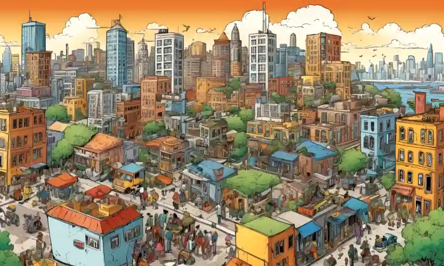 Gente de diferentes orígenes trabajando juntos para construir un horizonte urbano diverso.