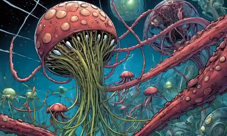 Ilustraciones de organismos simbióticos que forman conexiones entre las tecnologías emergentes.