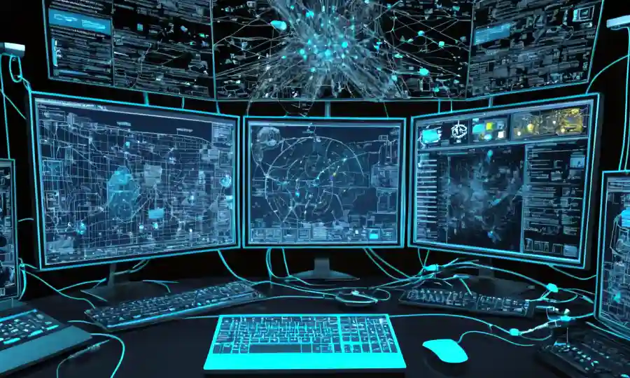 Una pantalla de computadora que muestra diagramas de red, rodeado de herramientas de codificación e iconos de software de simulación.