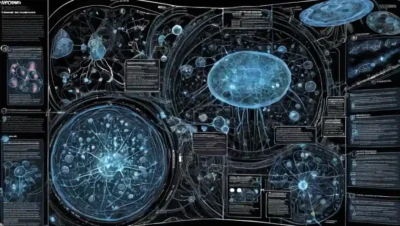 Pantallas informáticas que muestran diagramas de red científica de interacciones microbianas.