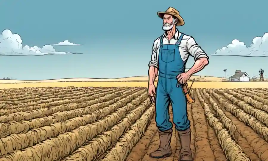 Agricultor en medio de un campo de cosecha desolado y fallido, reflexionando sobre las consecuencias.