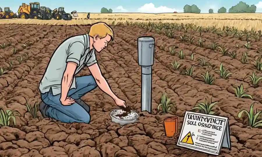 Una persona analizando muestras de suelo junto a un campo de cultivo con señales de advertencia.