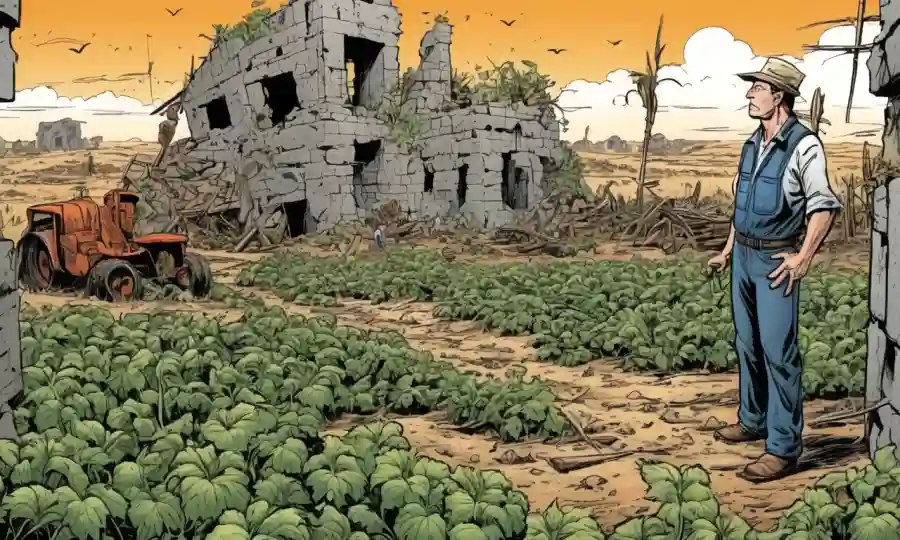 Agricultor en medio de las ruinas de una cosecha fallida, con malas hierbas y mal rendimiento evidente.