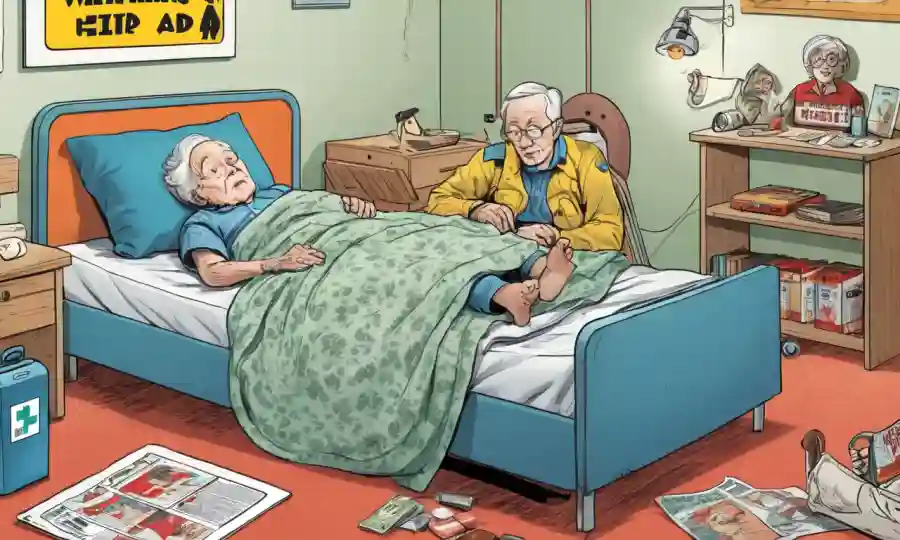 Niño y persona de edad acostada en una cama junto con señales de advertencia y material de primeros auxilios.