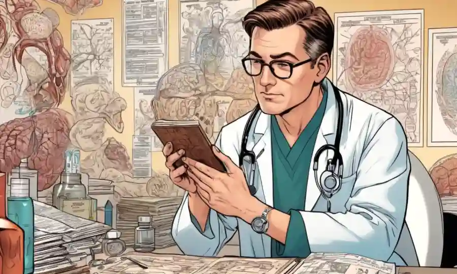 Un médico que examina la piel de las personas mientras está rodeado de textos y diagramas médicos.