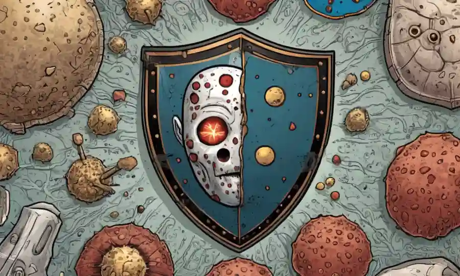 Una ilustración de lesiones cutáneas o crecimientos fúngicos en la piel humana, rodeado de símbolos de prevención como un escudo y una máscara.