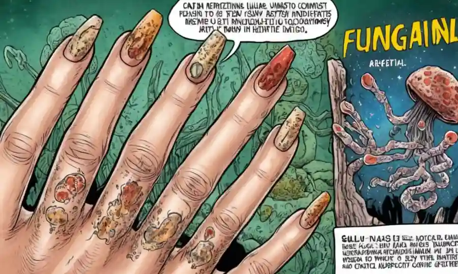 Señales de infección fúngica en las uñas, con ilustraciones médicas y texto en el fondo.