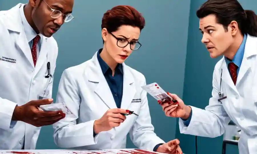 Los profesionales médicos que examinan los resultados del análisis de sangre en un abrigo blanco.