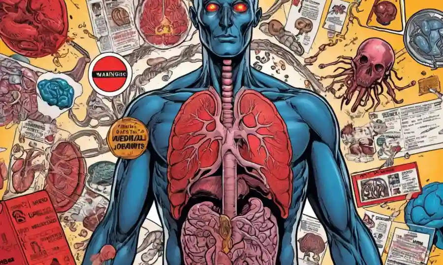 Ilustraciones médicas o diagramas de órganos corporales rodeados de señales de advertencia.