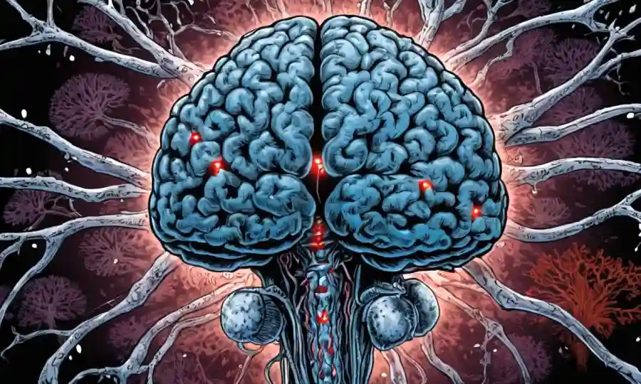 Un cerebro de personas con neuronas destacadas afectadas por toxinas de setas desconocidas.