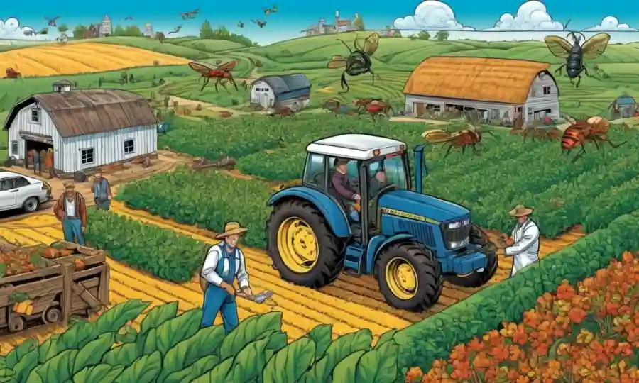 Los agricultores y científicos trabajan juntos en una granja con cultivos e insectos, rodeados de sistemas agrícolas.