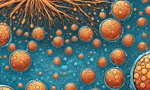 Microorganismos interactuando en redes complejas dentro de gotitas de suelo o agua.