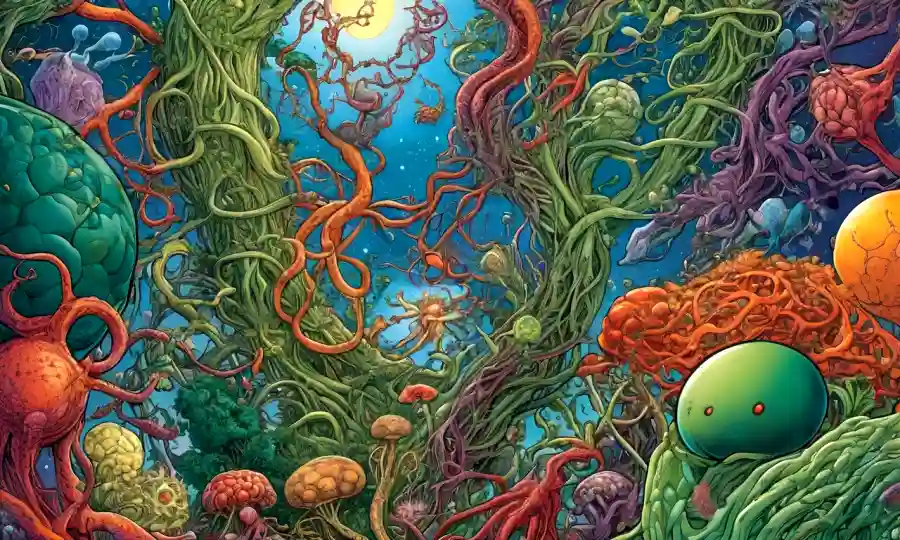 Una ilustración compleja que representa diversos sistemas biológicos unidos en un equilibrio armonioso.