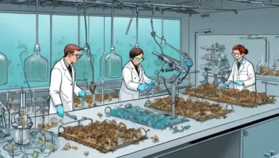 Científicos recolectando muestras de hongos usando trampas y equipos en un entorno de laboratorio.