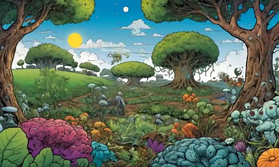 Un ecosistema agrícola simbiótico que muestra plantas interconectadas y microorganismos que prosperan juntos.