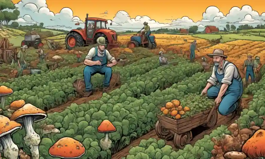 Agricultores en un campo rodeado de hongos y cultivos, con énfasis en la agricultura sostenible.