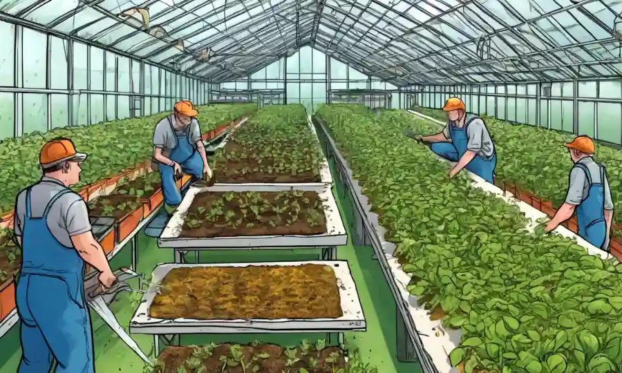 Agricultores en invernaderos con plantas resistentes a hongos y colonias de insectos beneficiosas.