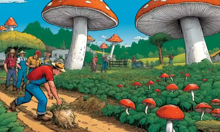 Los agricultores que examinan cultivos saludables rodeados de crecimiento natural, con un hongo gigante en el fondo.