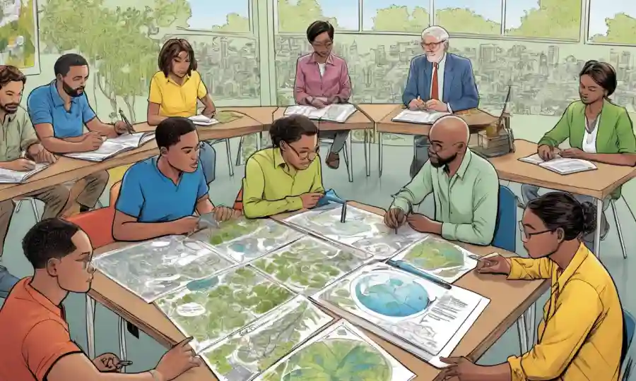 Gente de diversos orígenes que estudian diagramas ecológicos juntos, enfatizando el intercambio de conocimientos.