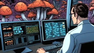 Científico analizando datos de ADN de hongos en una pantalla de computadora.
