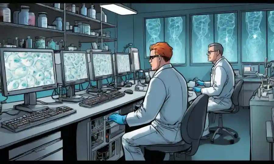 Científicos analizando datos de ADN fúngico en computadoras en un entorno de laboratorio.