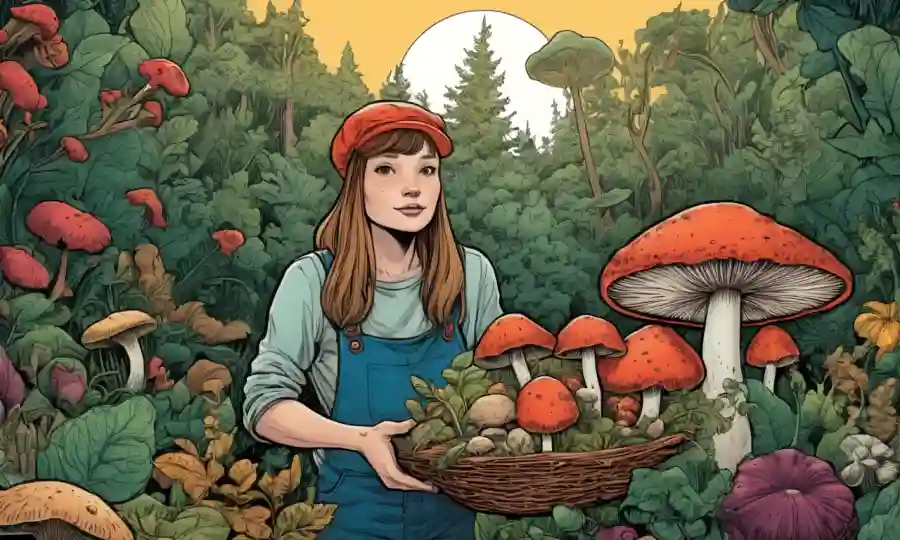 Persona con hongos, rodeada de sutiles ilustraciones de verduras y elementos naturales.